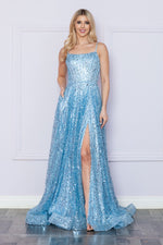 This dress features a straight across neckline with spaghetti straps and a lace-up back. This gown has an A-line silhouette with pockets and unique sequin fabric and a slit. A stunning choice for your next prom or formal event.  PY 9290
