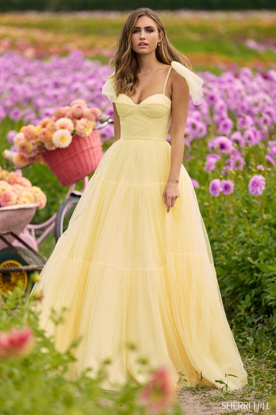 黄色　フラワードレスlauris chiffon long dress Sherri-Hill-56126-