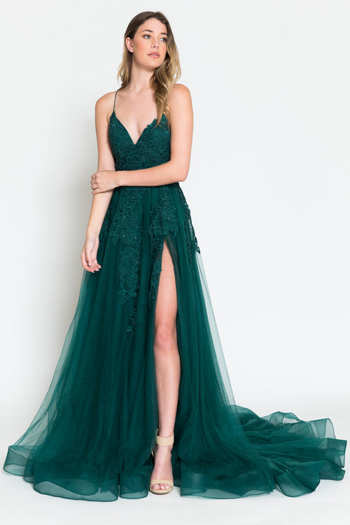This beautiful ballgown features a lace bodice that moves throughout the body. Pair with simple accessories to complete the look.  ACE BZ014