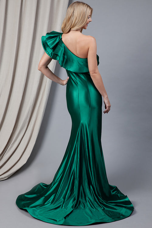 <p>This gown features a one-shoulder neckline with dramatic ruffle detailing, a fitted silhouette with a skirt slit and a hem. The jersey fabric offers comfort and flexibility. Style this dress to make it your own at your next prom, pageant or formal event.</p> <p>ACE 5042</p>