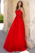This ballgown features a boat neckline with beautiful flower embroidery on the bodice and scattered along the skirt. This dress also has a lace-up back with a tulle voluminous skirt. This dress is magical and could be ideal for your next prom or formal event.   ACE 7035