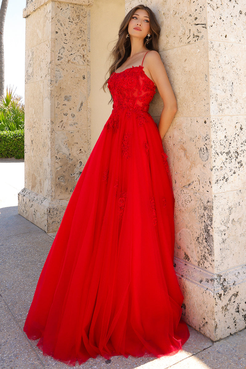 This ballgown features a boat neckline with beautiful flower embroidery on the bodice and scattered along the skirt. This dress also has a lace-up back with a tulle voluminous skirt. This dress is magical and could be ideal for your next prom or formal event.   ACE 7035