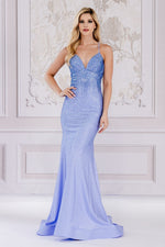 This dress features a V-neckline with spaghetti straps and an open lace-up back. The silhouette is a fit and flare with stone embellishments throughout the bodice and torso that trickle down the skirt. This is an excellent choice for your next prom or formal event.   ACE 3018