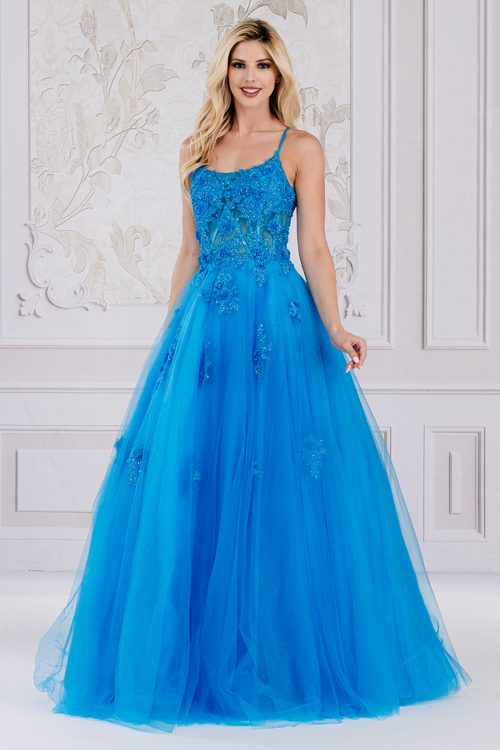 This ballgown features a boat neckline with beautiful flower embroidery on the bodice and scattered along the skirt. This dress also has a lace-up back with a tulle voluminous skirt. This dress is magical and could be ideal for your next prom or formal event.   ACE 7035