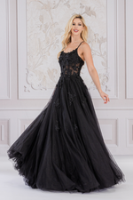 This ballgown features a boat neckline with beautiful flower embroidery on the bodice and scattered along the skirt. This dress also has a lace-up back with a tulle voluminous skirt. This dress is magical and could be ideal for your next prom or formal event.   ACE 7035