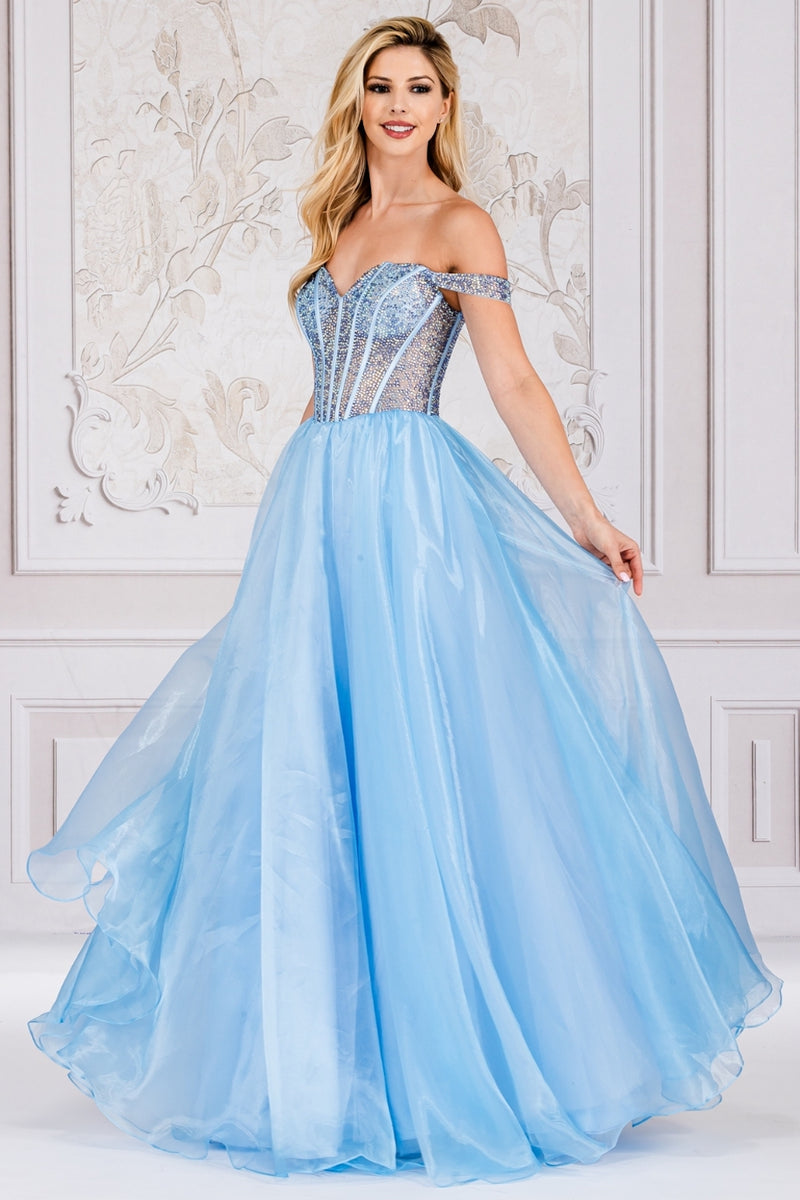 This dress features an off-the-shoulder sweetheart neckline, a bodice with exposed corset boning and hot-fix stones, an organza fabric skirt and an A-line silhouette. This dress is glamourous and could be ideal for your next prom or formal event.  ACE 7040