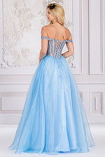 This dress features an off-the-shoulder sweetheart neckline, a bodice with exposed corset boning and hot-fix stones, an organza fabric skirt and an A-line silhouette. This dress is glamourous and could be ideal for your next prom or formal event.  ACE 7040