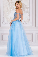 This dress features an off-the-shoulder sweetheart neckline, a bodice with exposed corset boning and hot-fix stones, an organza fabric skirt and an A-line silhouette. This dress is glamourous and could be ideal for your next prom or formal event.  ACE 7040