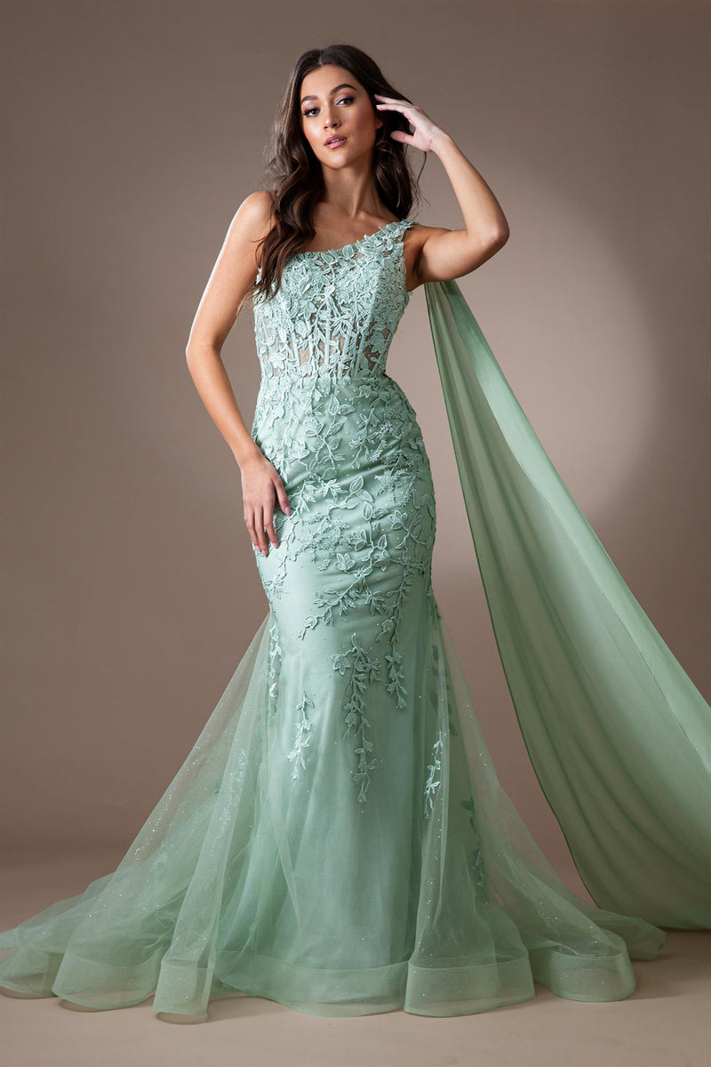 This dress features a floral lace overlay that cascades down the bodice and skirt, creating a whimsical and unforgettable look. The one-shoulder corset top adds a touch of drama, while the floor-length shoulder sash adds a touch of elegance and movement. This dress could be ideal for your next prom or formal event.  ACE 7048