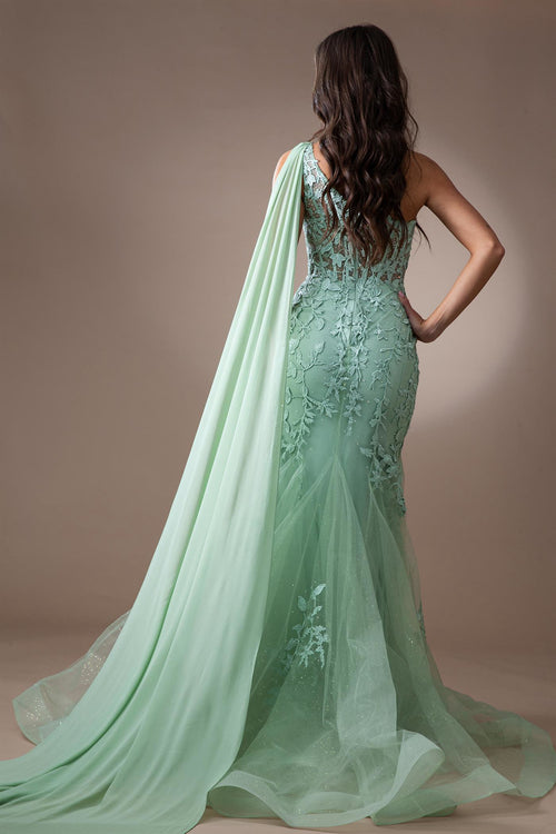 This dress features a floral lace overlay that cascades down the bodice and skirt, creating a whimsical and unforgettable look. The one-shoulder corset top adds a touch of drama, while the floor-length shoulder sash adds a touch of elegance and movement. This dress could be ideal for your next prom or formal event.  ACE 7048
