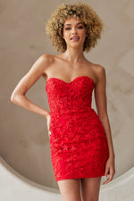 This fitted cocktail dress features a sweetheart neckline with a lace-up back, lace fabric and corset boning in the bodice. Style this dress to make it your own at your next prom or formal event.

ACE 7053S