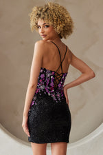 This cocktail dress features a sweetheart neckline with spaghetti straps and a lace-up back. The fitted silhouette is complimented with the sequin fabric and floral pattern on the bodice. Choose this style for your next homecoming or formal event.

ACE 7054S