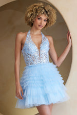 This cocktail dress features a halter neckline with a sheer lace bodice, corset boning and a layered tiered tulle fabric skirt. This dress is playful and could be just the vibe for your next homecoming or formal event.

ACE BZ9040S