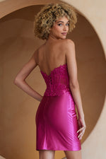 This cocktail dress features a strapless sweetheart neckline with a sheer corset bodice with lace embellishments, a fitted silhouette and a lace-up back. Style this dress to make it your own at your next homecoming or formal event!  ACE BZ9028S