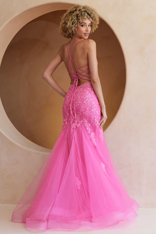 This beautiful gown features a mermaid silhouette, with lace appliqué, sheer corset bodice and a lace up back. Pair this dress with some simple heels for the perfect prom look!&nbsp;

ACE 2120