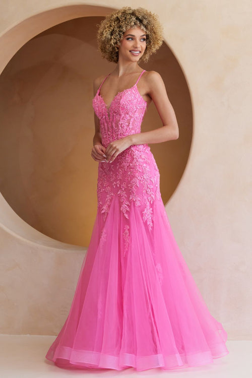 This beautiful gown features a mermaid silhouette, with lace appliqué, sheer corset bodice and a lace up back. Pair this dress with some simple heels for the perfect prom look!&nbsp;

ACE 2120