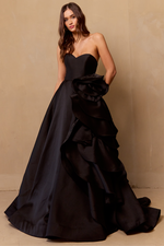 This ballgown features a strapless sweetheart neckline with an A-line silhouette. This gown has a dramatic architectural rosette along the hip that cascades down the skirt. This had red carpet vibes for your next prom or formal event.

ACE SU085