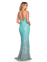 This dress features a fitted bodice with a v-neckline and deep v-back, a fitted skirt with ombre sequin pattern and sequin stretch fabric. This dress is unique and glamorous and perfect for your next prom or formal event!  DJ A10308