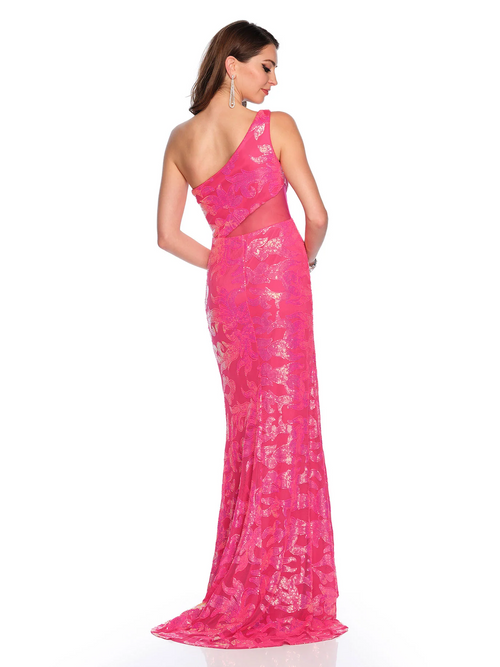 This dress features a one-shoulder neckline with a cut-out with a mesh illusion. This dress has a fitted silhouette with a sequin fabric in a floral pattern a stunning choice for your next prom or formal event.   DJ 11190