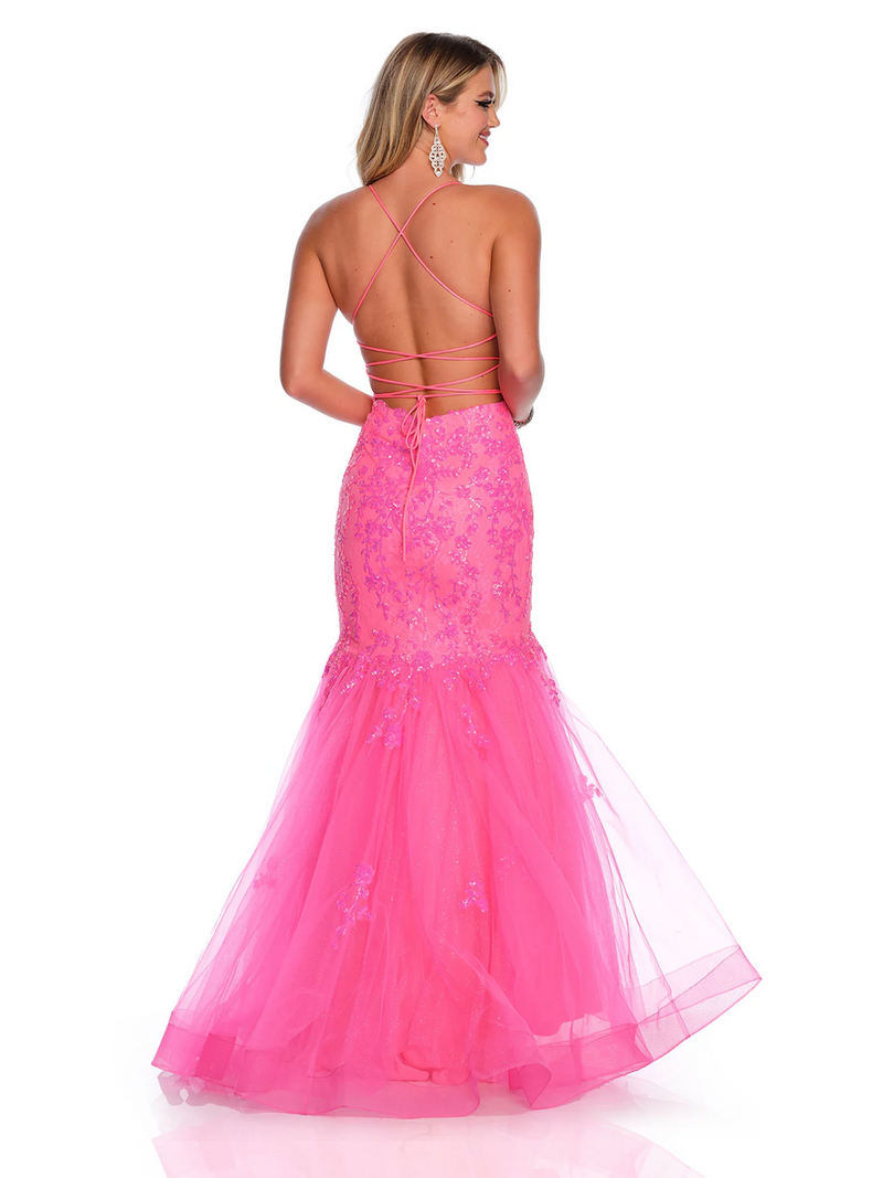 This dress features a deep v-neckline, a lace-up back and a mermaid silhouette. This gown also has sequin applique and tulle fabric. Could this be your next prom dress?    DJ 11197