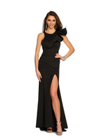 This dress features a fitted silhouette with a high neckline and an embellished bodice with architectural fabric. The back has a cut-out and the skirt has a side slit. This dress is sophisticated   DJ 11311