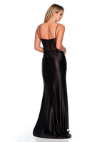 This dress features a corset-boning bodice with lace and sequin embellishments. This gown also has a fold-over front slit and shiny jersey fabric that makes this dress a stunning choice for your next prom or formal event.   DJ 11330