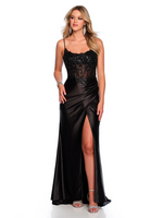 This dress features a corset-boning bodice with lace and sequin embellishments. This gown also has a fold-over front slit and shiny jersey fabric that makes this dress a stunning choice for your next prom or formal event.   DJ 11330