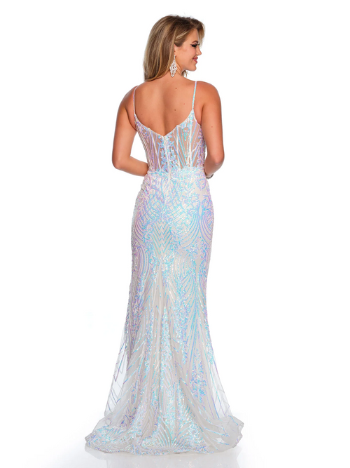 This dress features an illusion bodice with corset boning and spaghetti straps. This gown also has a fit and flare silhouette with sequin embroidered mesh fabric. Choose this stunning dress for your next prom or formal event.  DJ 11378