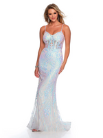 This dress features an illusion bodice with corset boning and spaghetti straps. This gown also has a fit and flare silhouette with sequin embroidered mesh fabric. Choose this stunning dress for your next prom or formal event.  DJ 11378