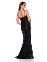 This dress features a deep v-neckline, a corset bodice and spaghetti straps. The fabric has both sequins and hot-fix stones, a fitted silhouette and a side slit. This dress has all the right details to stun at your next prom or formal event.   DJ 11460