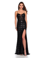 This dress features a deep v-neckline, a corset bodice and spaghetti straps. The fabric has both sequins and hot-fix stones, a fitted silhouette and a side slit. This dress has all the right details to stun at your next prom or formal event.   DJ 11460