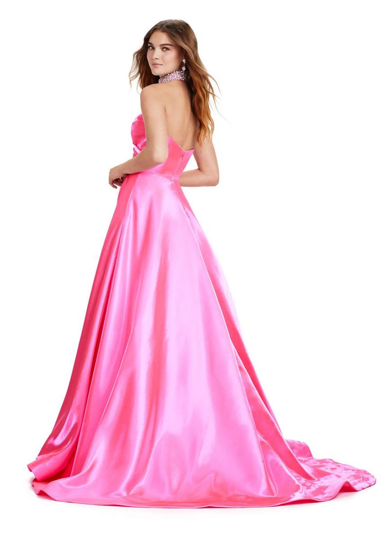 This elegant ballgown features a strapless sweethearts neckline, with subtle pleating detailing on the bodice. The gown has an A-line silhouette with a train a classic and timeless choice for your next prom or formal event.  Ashley Lauren 11473