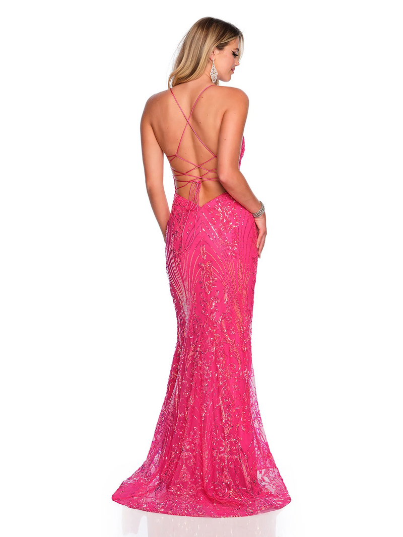This dress features a fitted silhouette, with sequin mesh fabric, a V neckline with spaghetti straps, and a strappy crisscross open-back lace-up. This dress could be ideal for your next prom or formal event!  DJ 11492
