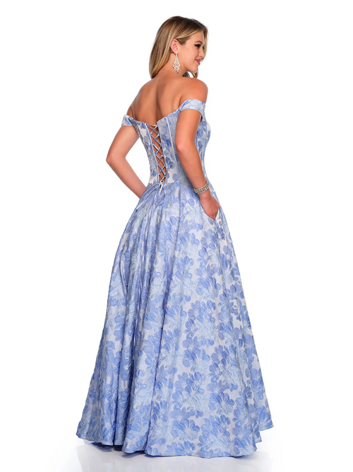This dress features an off-the-shoulder neckline with corset boning in the bodice. It has a lac-up back and an A-line silhouette. This dress is feminine and could be ideal for your next prom or formal event.  DJ 11506