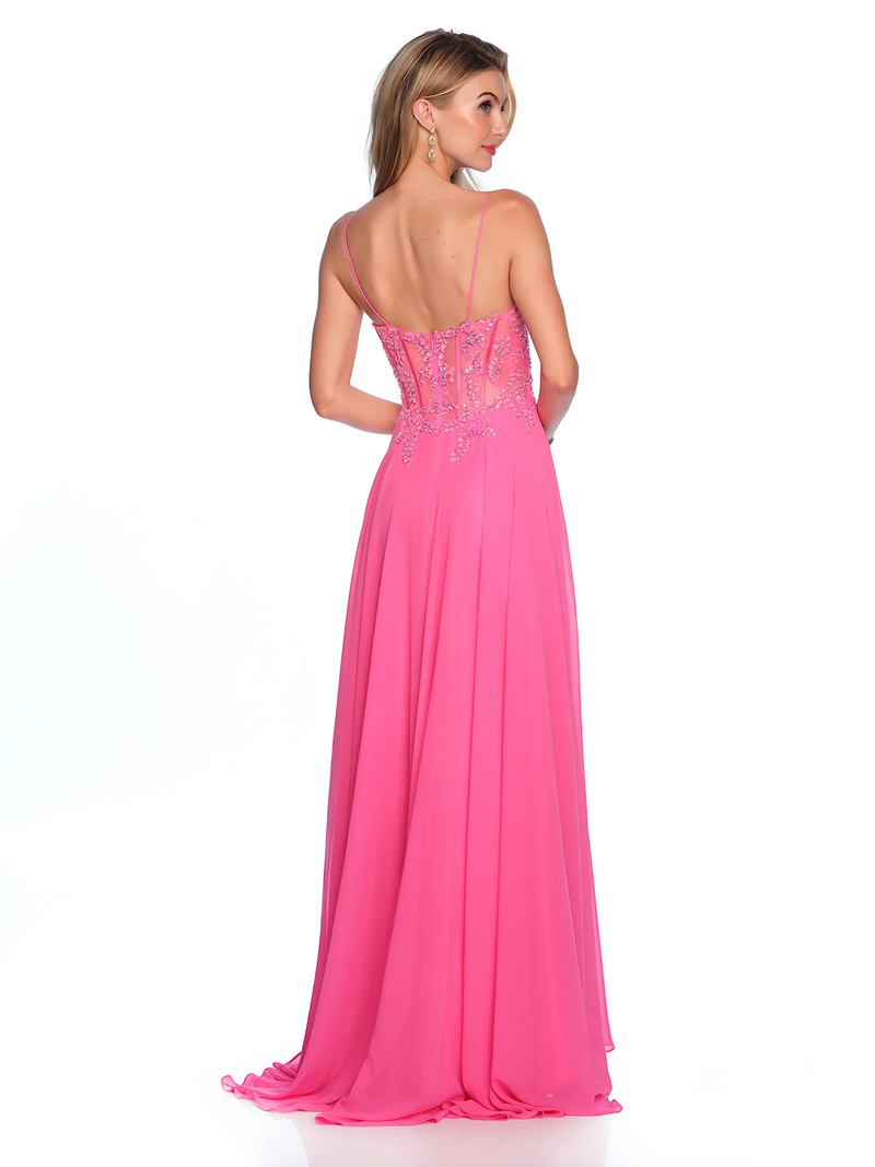 This dress features an A-Line silhouette, sweetheart neckline, sheer corset, with lace and beaded applique along the bodice, and a chiffon skirt. Add a pair of simple heels for the perfect prom look.&nbsp;

DJ 11516