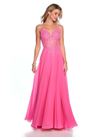 This dress features an A-Line silhouette, sweetheart neckline, sheer corset, with lace and beaded applique along the bodice, and a chiffon skirt. Add a pair of simple heels for the perfect prom look.&nbsp;

DJ 11516