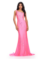 This one-shoulder jersey gown features a delicate multi-colored heat set stone floral bead pattern that cascades down onto the skirt with a sweep train. This dress has a fitted silhouette and could be ideal for your next prom or formal event.  Ashley Lauren 11525
