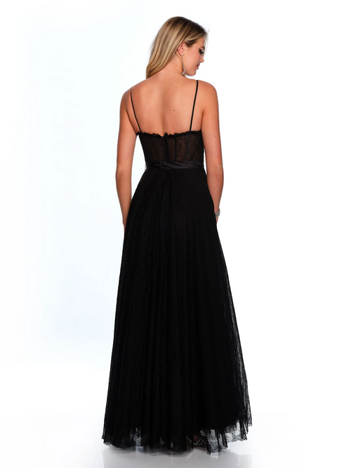 This dress features a sheer illusion lace bodice with spaghetti straps and an A-line silhouette with stretch lace fabric. Prom anyone?  DJ 11570