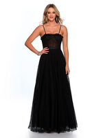 This dress features a sheer illusion lace bodice with spaghetti straps and an A-line silhouette with stretch lace fabric. Prom anyone?  DJ 11570