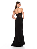 This dress features a sheer illusion lace bodice with corset boning and spaghetti straps. This dress has a fitted silhouette with fitted jersey stretch fabric as well as lace stretch fabric. The side slit is the final detail that completes the overall design of this gorgeous dress for prom or a formal event.   DJ 11572