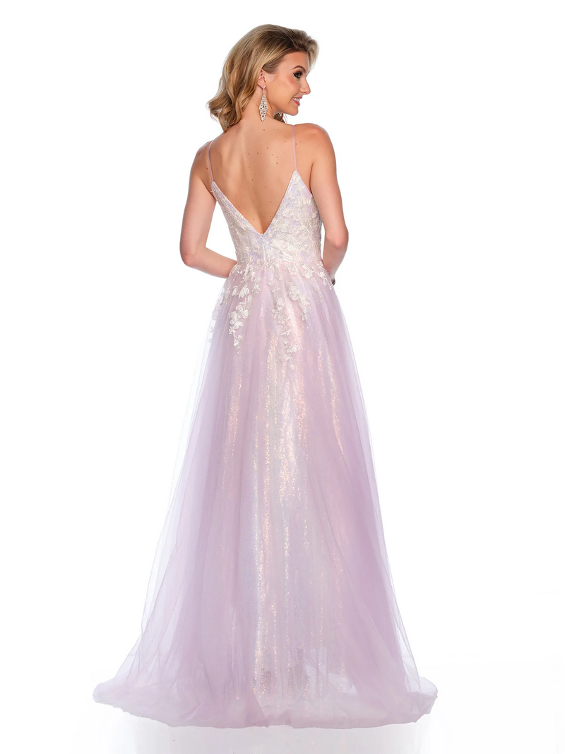 This dress features an embroidered v-neckline with an illusion plunge, embroidered tulle fabric with a sequin mesh underlay and a fully sweeping skirt. This whimsical dress is a stunning choice for your next prom or formal event.  DJ 11585