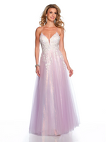 This dress features an embroidered v-neckline with an illusion plunge, embroidered tulle fabric with a sequin mesh underlay and a fully sweeping skirt. This whimsical dress is a stunning choice for your next prom or formal event.  DJ 11585