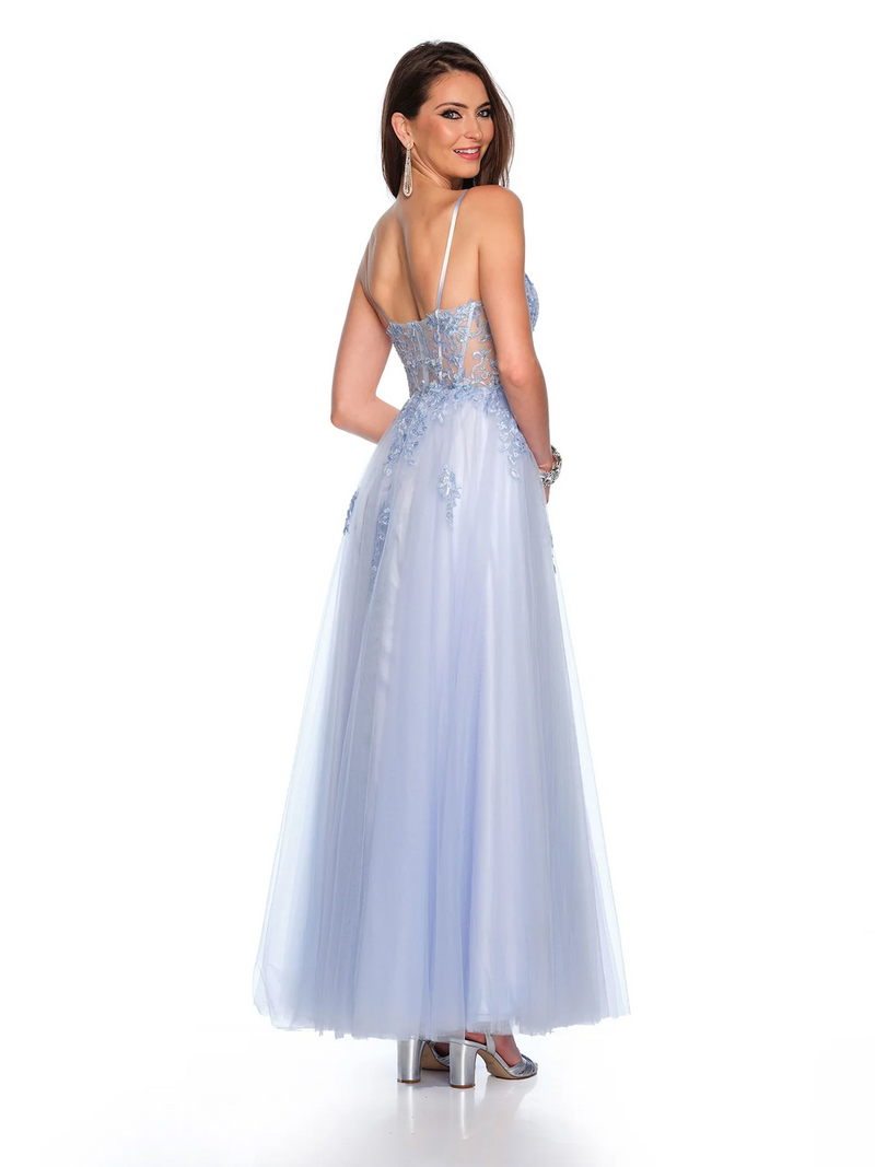 This dress features a straight across neckline with spaghetti straps and a sheer bodice with corset boning and lace applique. The skirt is tulle and has a left-leg slit. Choose this romantic dress for your next prom or formal event.

DJ 11614