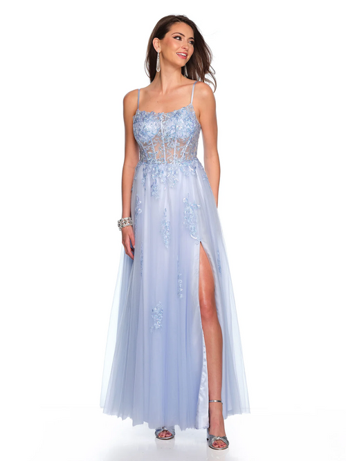 This dress features a straight across neckline with spaghetti straps and a sheer bodice with corset boning and lace applique. The skirt is tulle and has a left-leg slit. Choose this romantic dress for your next prom or formal event.

DJ 11614