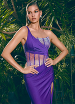 This dress features a sheer bodice with corset boning and a one shoulder neckline detailed with crystal embroidery. The fitted silhouette has a side slit and long train and jersey fabric. This dress is vibrant and could be perfect for your next prom, pageant or formal event!  Ashley Lauren 11617