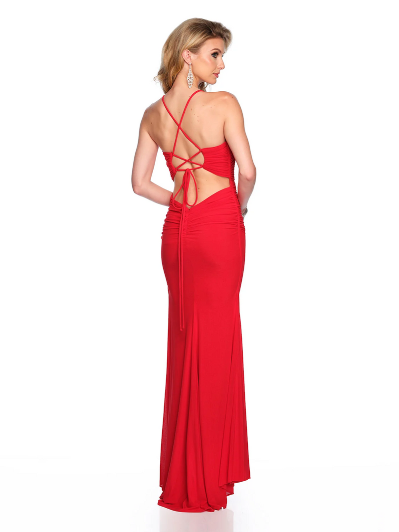 This dress features a deep illusion plunge neckline with a ruched bodice, a lace-up back with cross strap detail, stretch mesh fabric and a fitted silhouette. Is this this vibe for your next prom or formal event?  DJ 11648