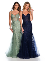 This dress features an illusion corset bodice with a mermaid-fitted skirt and a floral embroidered tulle with sequin detailing. This dress is an elegant choice for your next prom or formal event.   DJ 11658