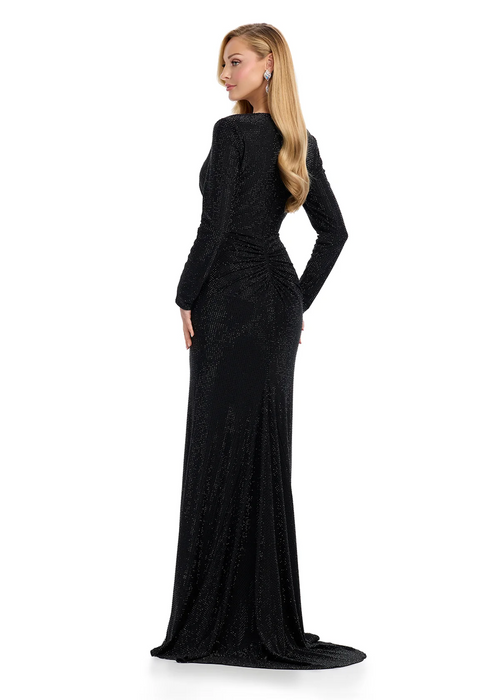 This dress features a V-Neckline and long sleeves. The gown is adorned with press on stones throughout the fabric, a stunning modest choice for your next prom or formal event.

Ashley Lauren 11846