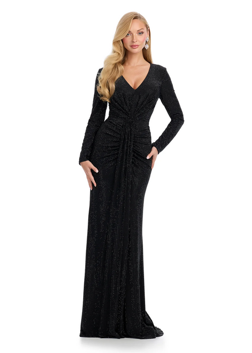 This dress features a V-Neckline and long sleeves. The gown is adorned with press on stones throughout the fabric, a stunning modest choice for your next prom or formal event.

Ashley Lauren 11846