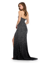 This show-stopping gown features a strapless neckline, fitted silhouette, a skirt slit, and is embellished with hot-pressed stoning and pearl beading. Pair this dress with some simple heels for a unique prom look.&nbsp;

Ashley Lauren 11856&nbsp;